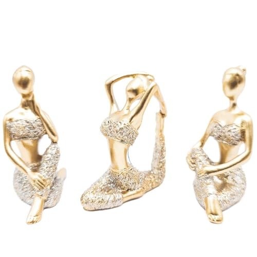 Kit Trio Bailarinas Yoga Bal - Estatueta Dourada com Brilho para Decoração e Presentes