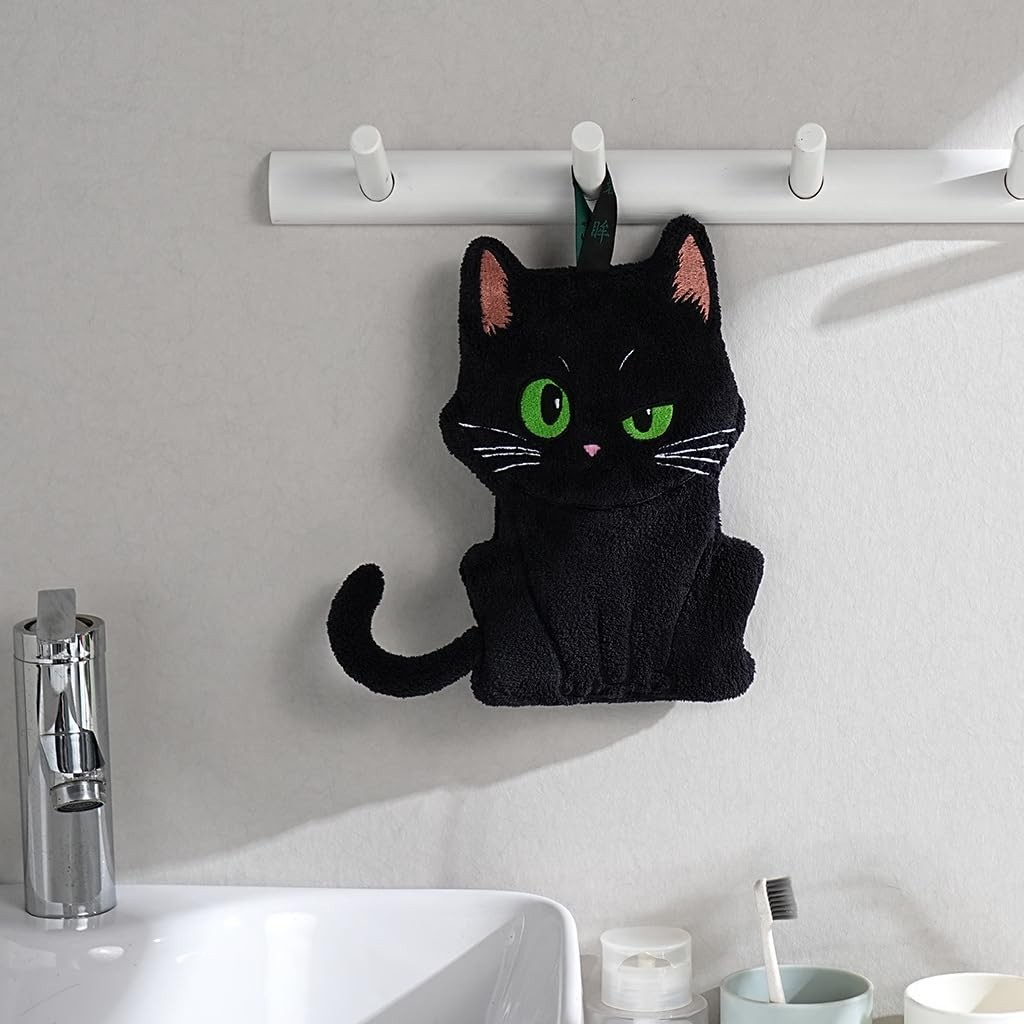 Toalha de Mão Decorativa com Design de Gato Preto - Absorvente e Fofa para Cozinha e Banheiro