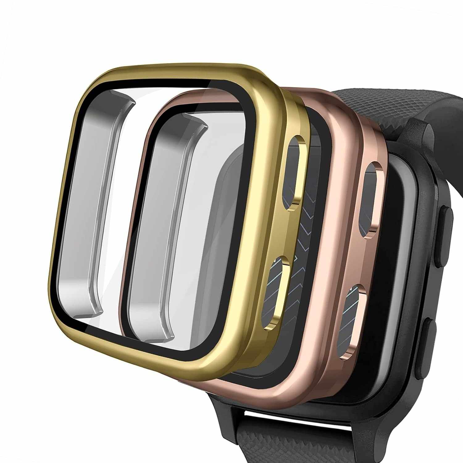 2 Capas Protetoras Garmin Venu Sq: Vidro Temperado 9H e Policarbonato - Dourado/Ouro Rosa