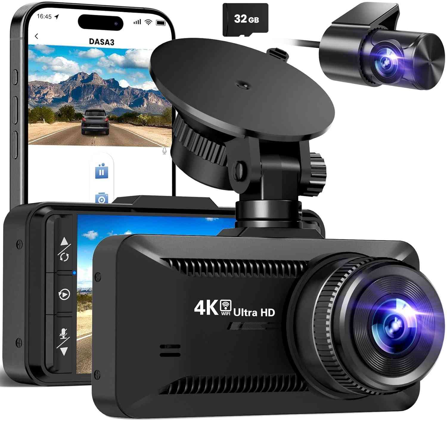Câmera de Painel 4K Frontal e Traseira com Wi-Fi Integrado e App | Visão Clara e Segurança Total