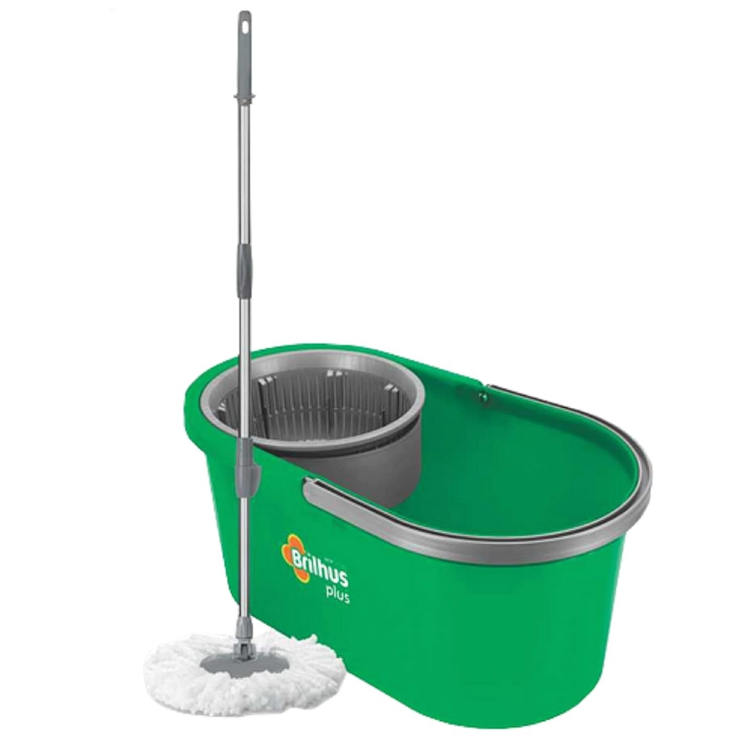 Brilhus Mop Plus 13L com Refil e Balde - Sistema Giratório e Microfibra, Verde e Cinza