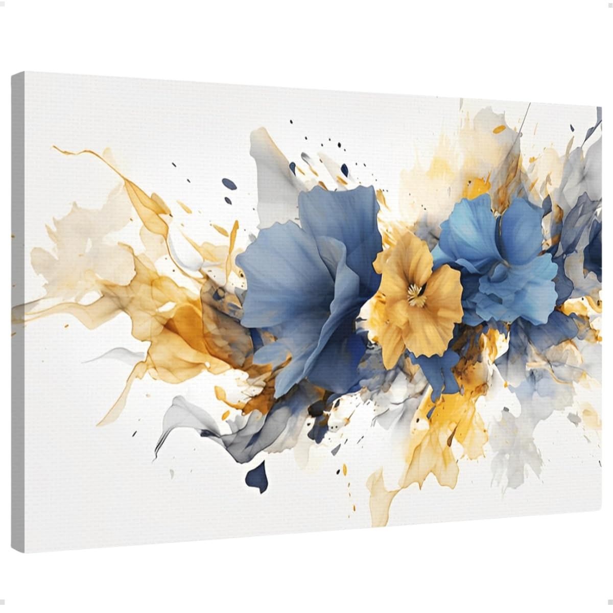 Quadro Decorativo em Canvas Flores Abstrato Azul e Dourado - Arte Moderna para Sala, Quarto e Hall