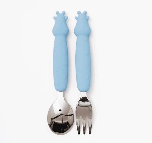 Kit Talheres Infantil Inox e Silicone 2 Peças Azul - Seguro e Ergonômico para Crianças