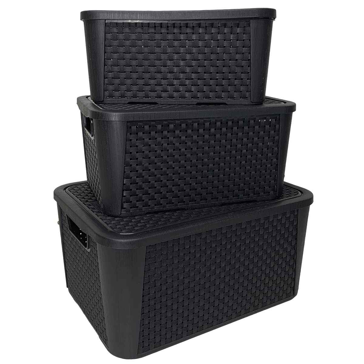 Kit 3 Caixas Organizadoras em Rattan Preto – Pequena, Média e Grande para Casa e Escritório