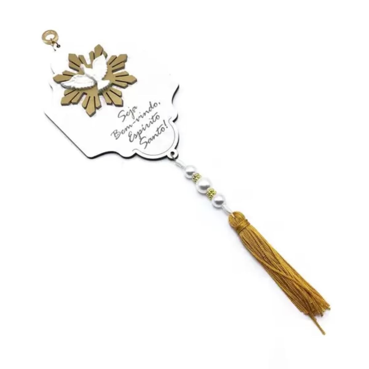 Adorno de Porta e Parede em MDF com Espírito Santo em Resina - Decoração Religiosa com Pérolas e Pompom Dourado