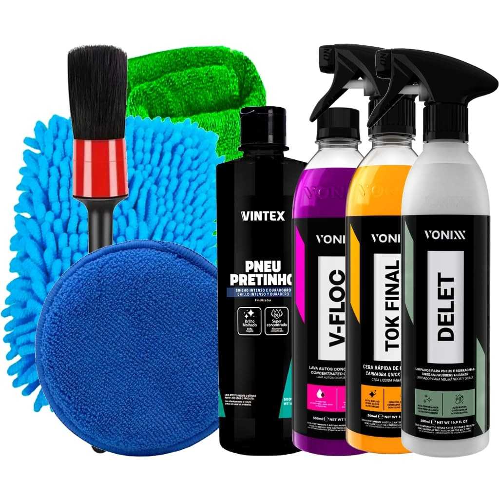 Kit Completo Detalhamento Automotivo: Tok Final, V-Floc, Delet e Pneu Pretinho Vonixx + Acessórios Karbox