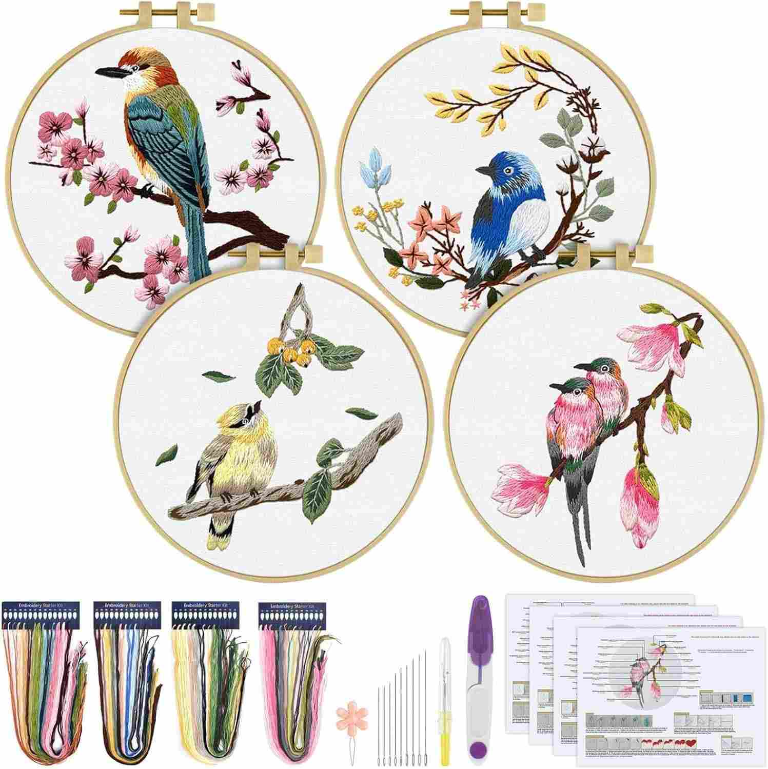 Kit de Bordado ERKOON para Iniciantes - 4 Padrões com Flores e Pássaros + Acessórios