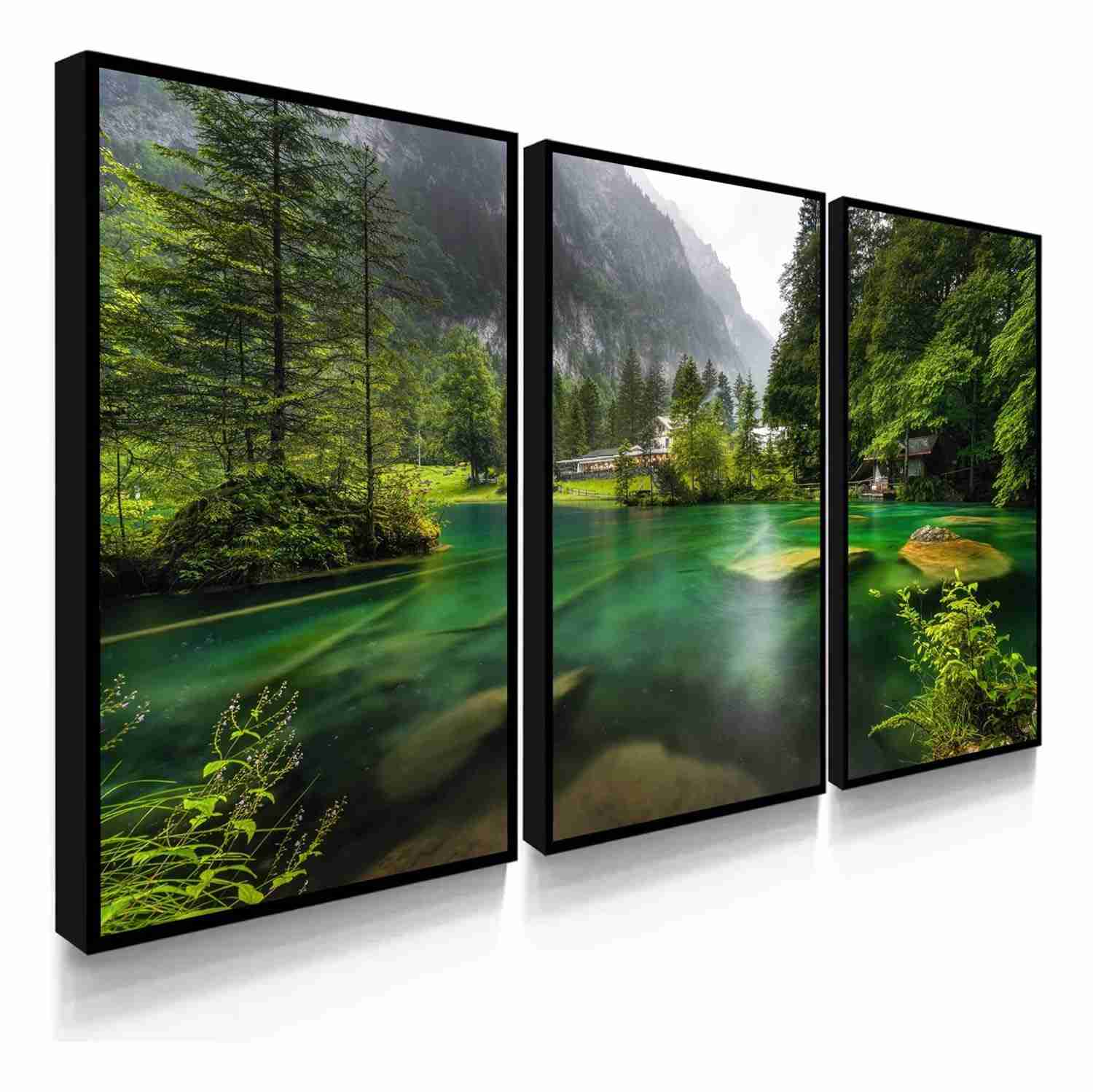 Kit 3 Quadros Decorativos com Paisagens de Natureza - Cachoeira e Praia | 60x40 cm | Sem Furos na Parede