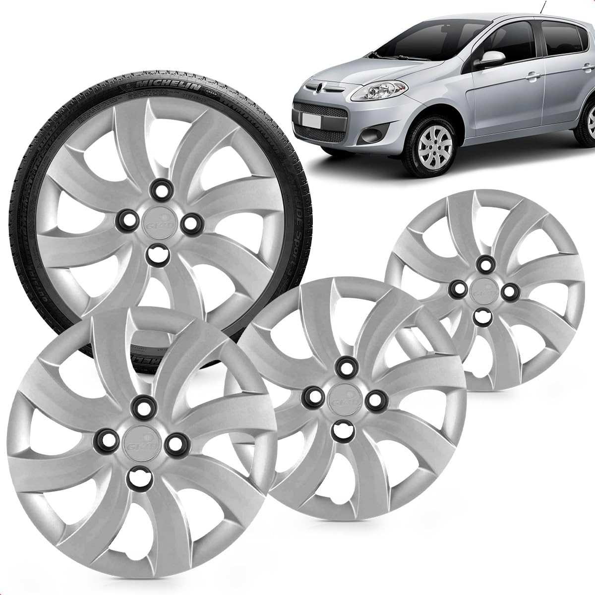 Kit 4 Calotas Palio Attractive Aro 14 Prata - Design Grid e Fixação Segura