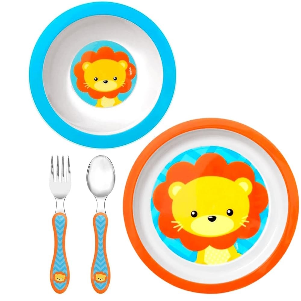 Kit Papinha Leãozinho Buba - 2 Pratinhos + Garfo e Colher Inox Infantil