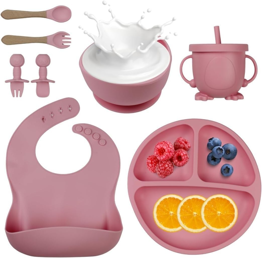 Kit Introdução Alimentar Bebê 8 Peças em Silicone - Seguro, Atóxico e Antibacteriano - Rosa Escuro