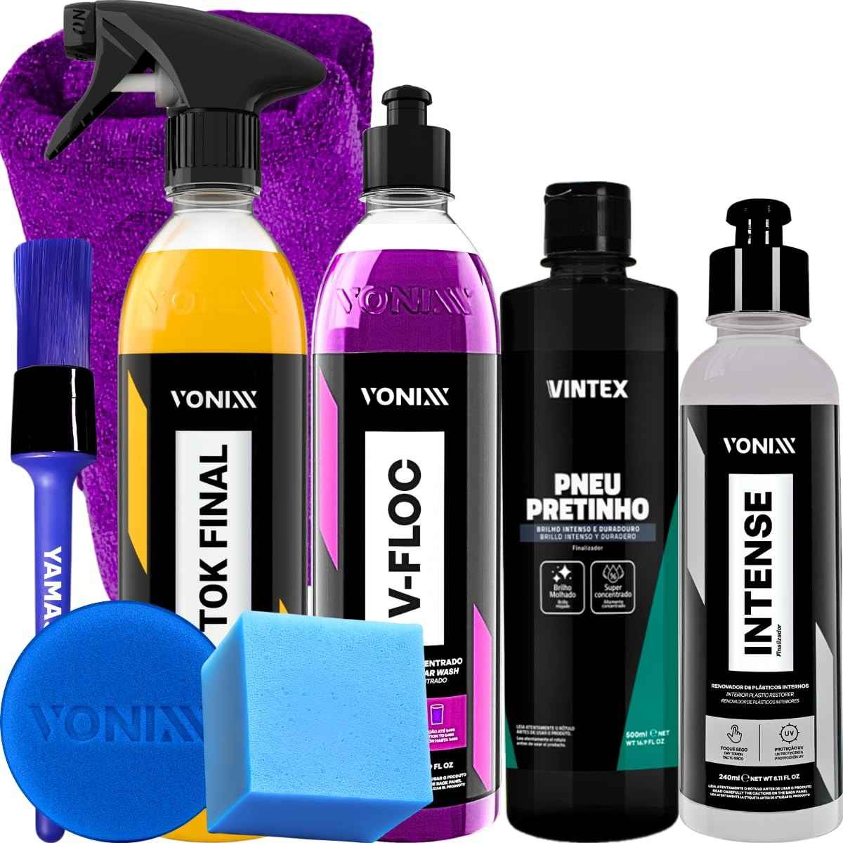 Kit Completo Vonixx: V-Floc, Intense, Tok Final, Pretinho e Acessórios para Detalhamento Automotivo Profissional