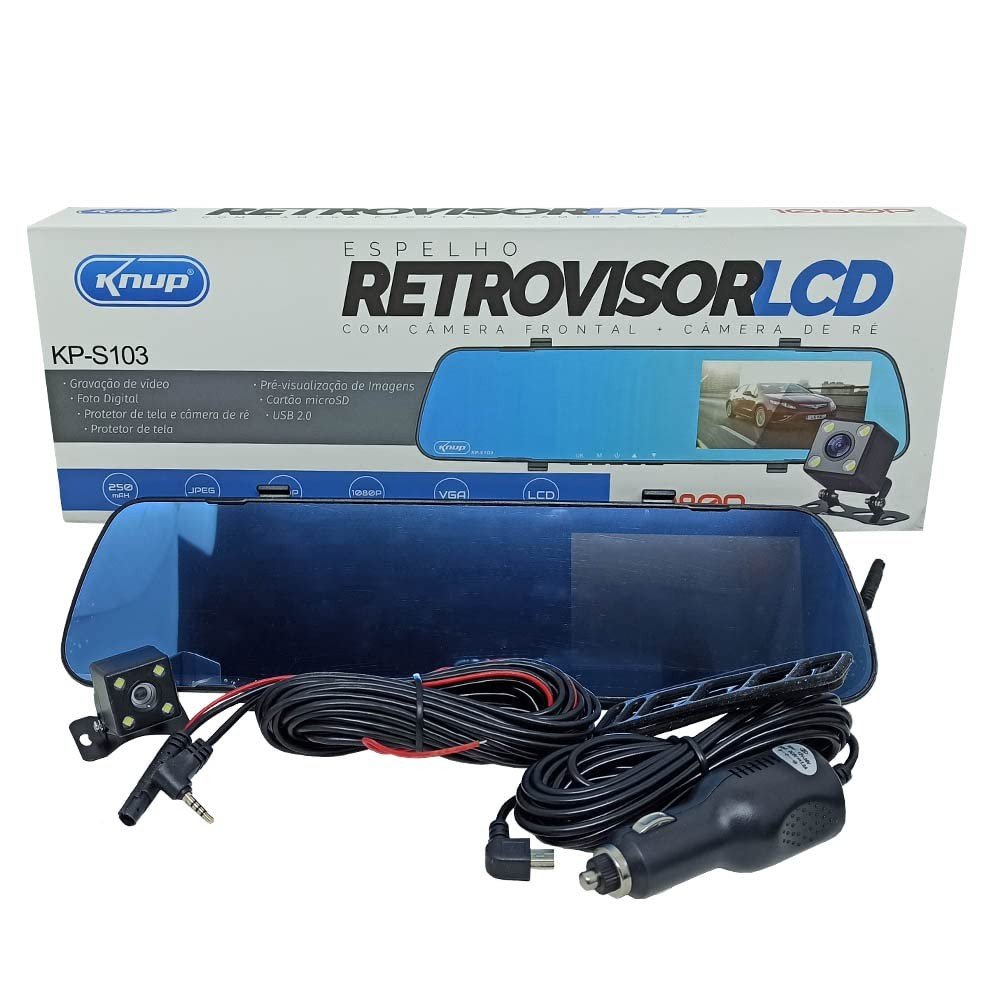Espelho Retrovisor Knup KP-S103: Câmera Frontal/Ré, Gravação HD e Tela LCD 4.3"
