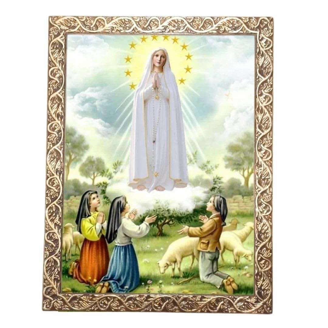 Quadro Decorativo Religioso Nossa Senhora de Fátima Dourado A4 - Inspire Fé e Beleza no Lar
