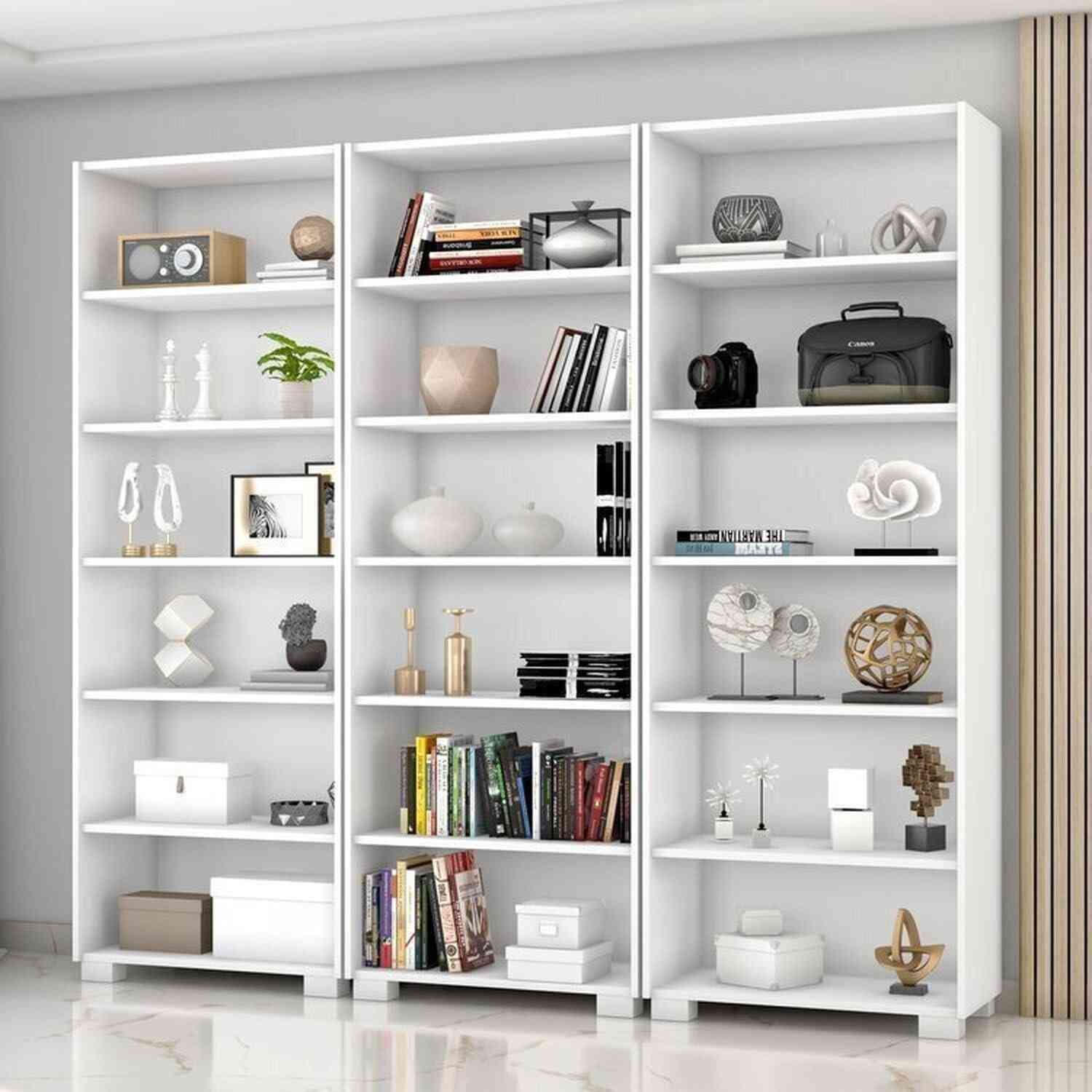 Kit 3 Estantes para Livros 5 Prateleiras 188cm Office Branco - Organize com Estilo e Funcionalidade