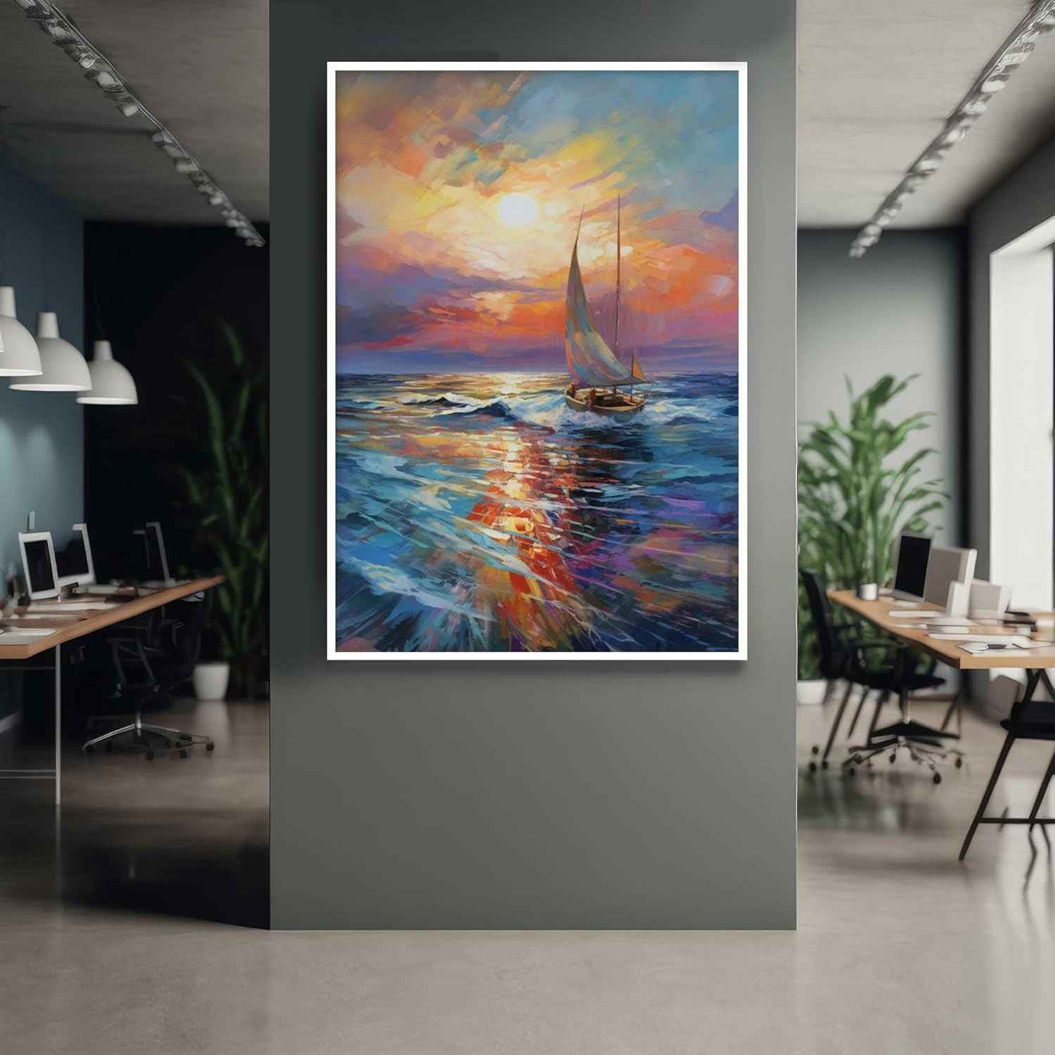 Quadro Decorativo com Moldura - Pintura Mar Por do Sol Barco Vertical para Sala e Quarto