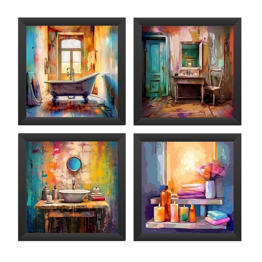 Kit 4 Quadros 18x18 cm com Moldura e Vidro - Decoração Moderna para Banheiro e Lavabo