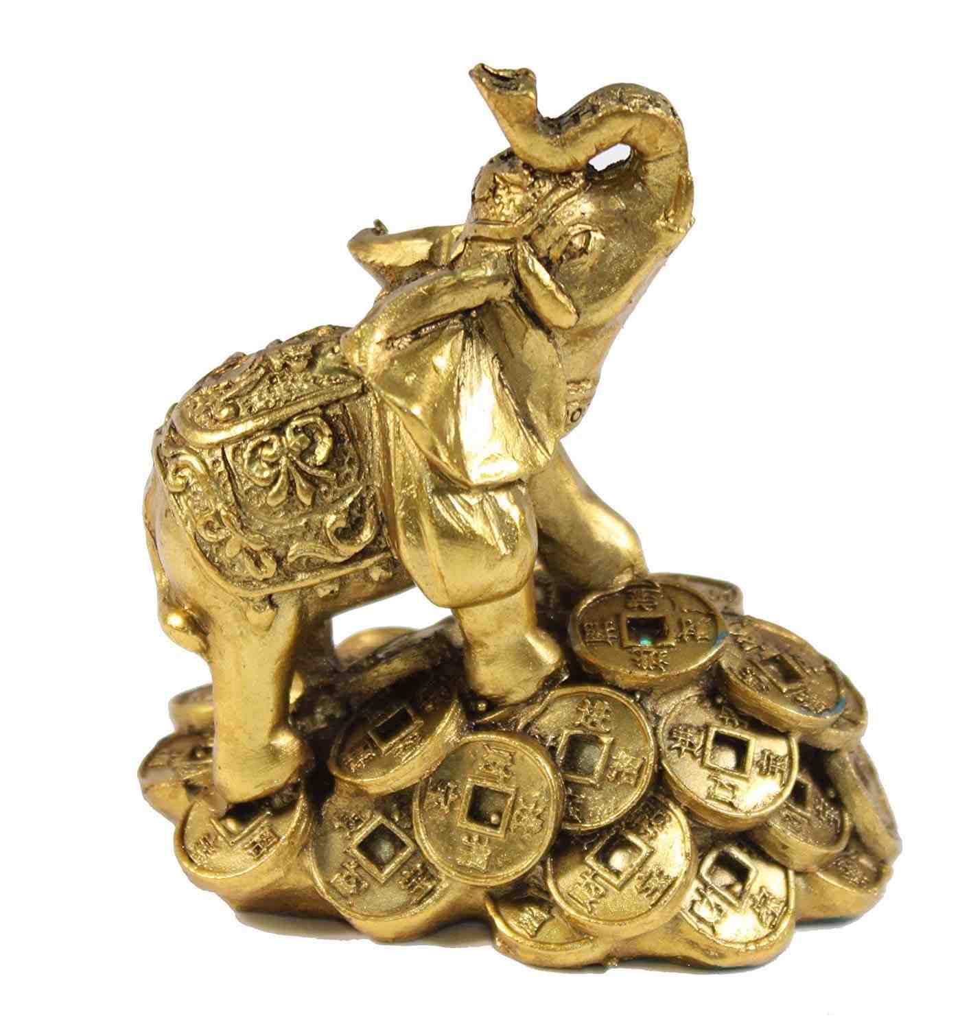 Elefante Feng Shui Dourado em Moedas de Dinheiro - Estátua da Riqueza e da Sorte