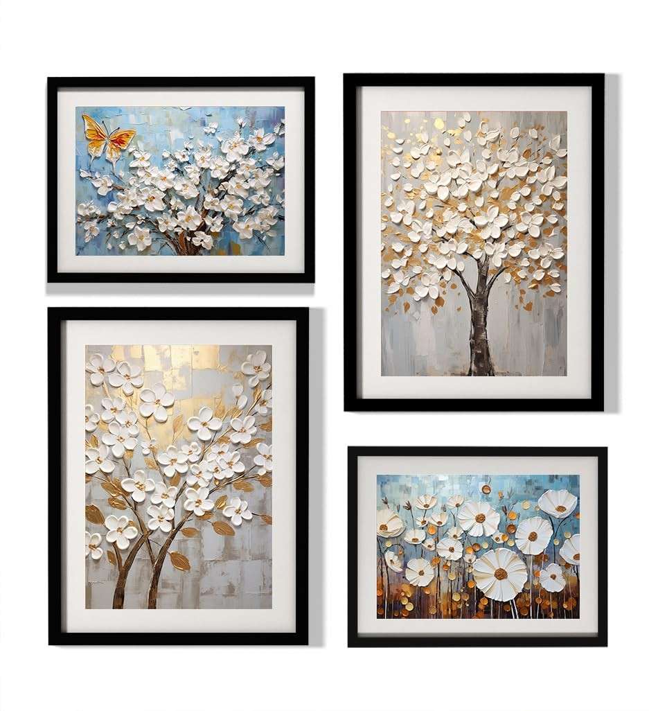 Kit 4 Quadros Decorativos com Moldura em Madeira e Vidro - Flores Bege e Dourado