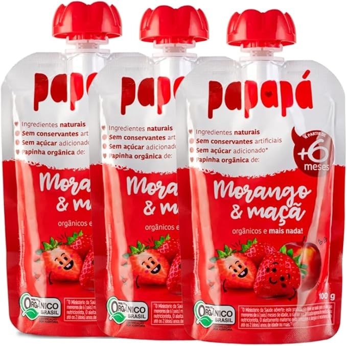 Kit com 3 Pouchs de Papinha Orgânica de Morango e Maçã de 100g cada - Papapá