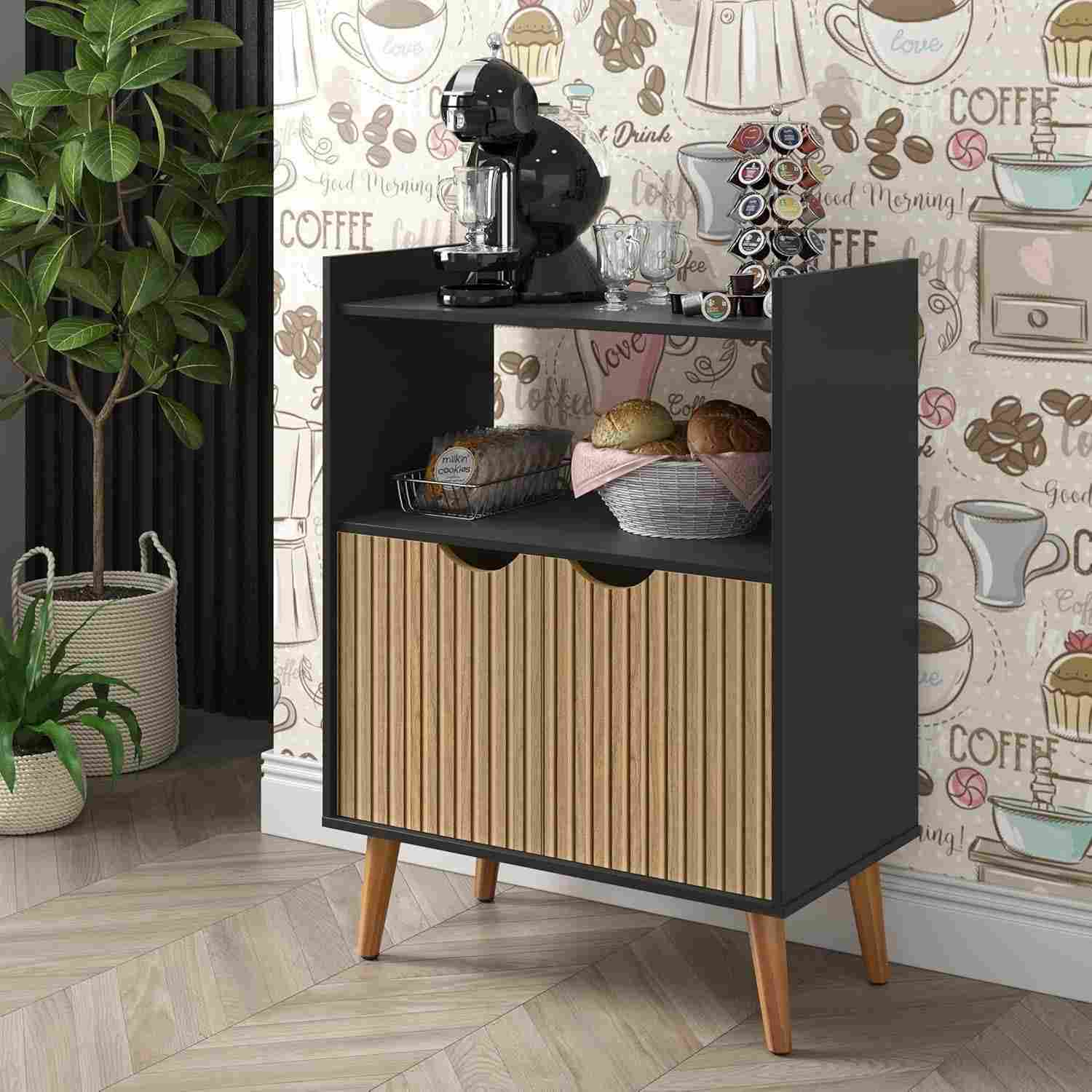 Aparador Buffet Retrô Grécia 2 Portas com Prateleiras e Nicho - Design Canelado Preto