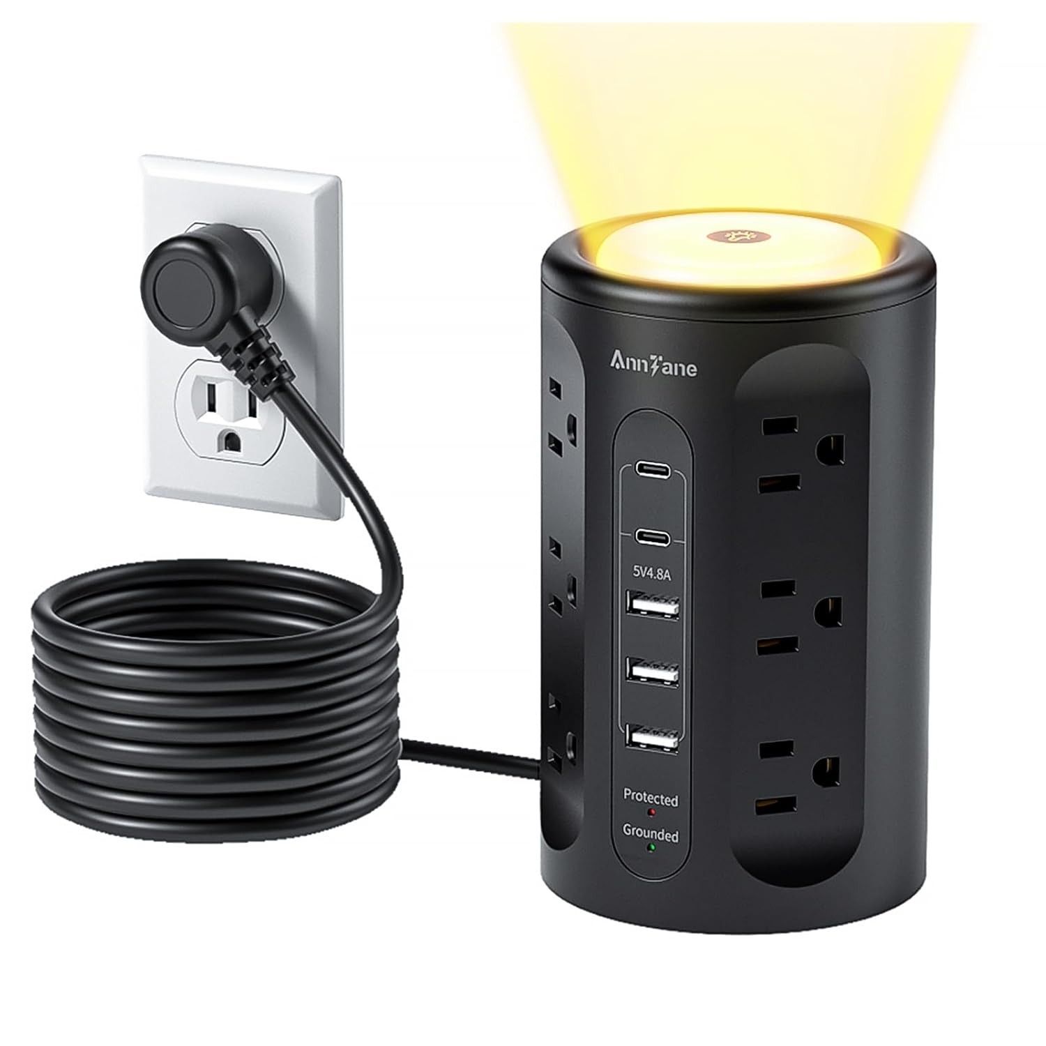 Torre de Tomada Inteligente AnnTane: 17 Saídas, USB-C, Luz Noturna e Proteção contra Surtos