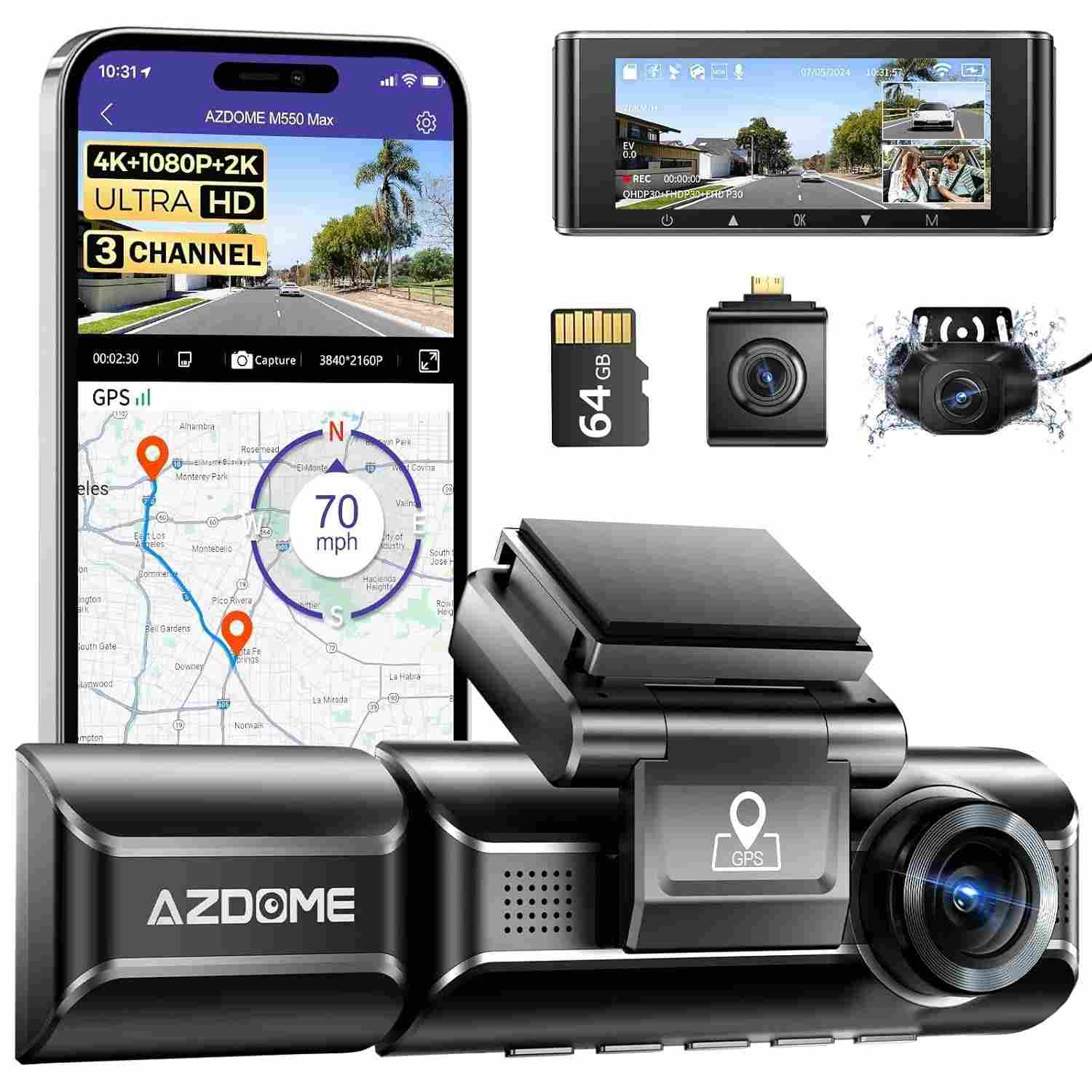 AZDOME M550 PRO: Câmera Veicular 3 Canais 4K com GPS, WiFi 5.8G e Visão Noturna - Ideal para Uber/99