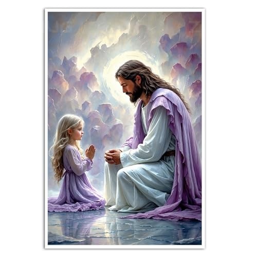 Pôster de Arte Espiritual Jesus e Criança - Decoração de Parede Cristã Moderna com Tema de Fé e Cura Divina