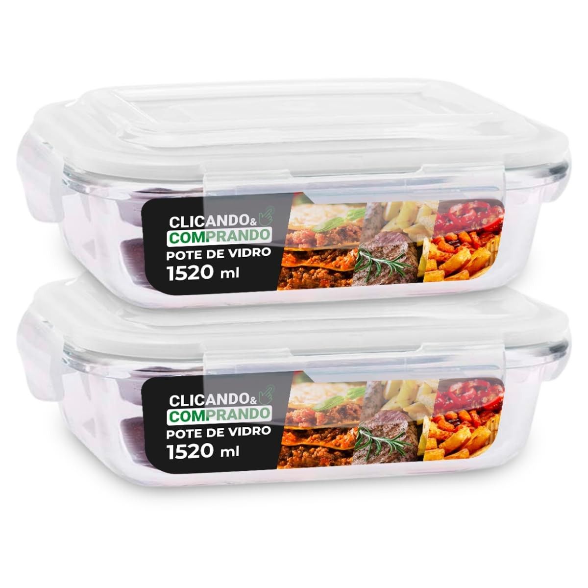 Kit 2 Potes de Vidro Retangular com Tampa Hermética 1520ml - Frescor e Segurança na Cozinha