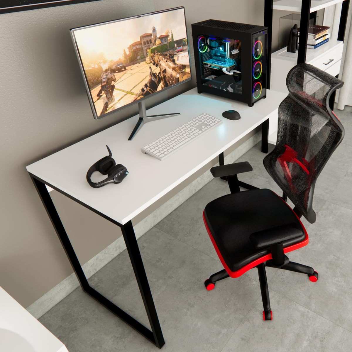 Mesa Escrivaninha Gamer Estilo Industrial 100x60cm MDF Premium Branco e Aço Carbono – Design Moderno para Jogos e Trabalho