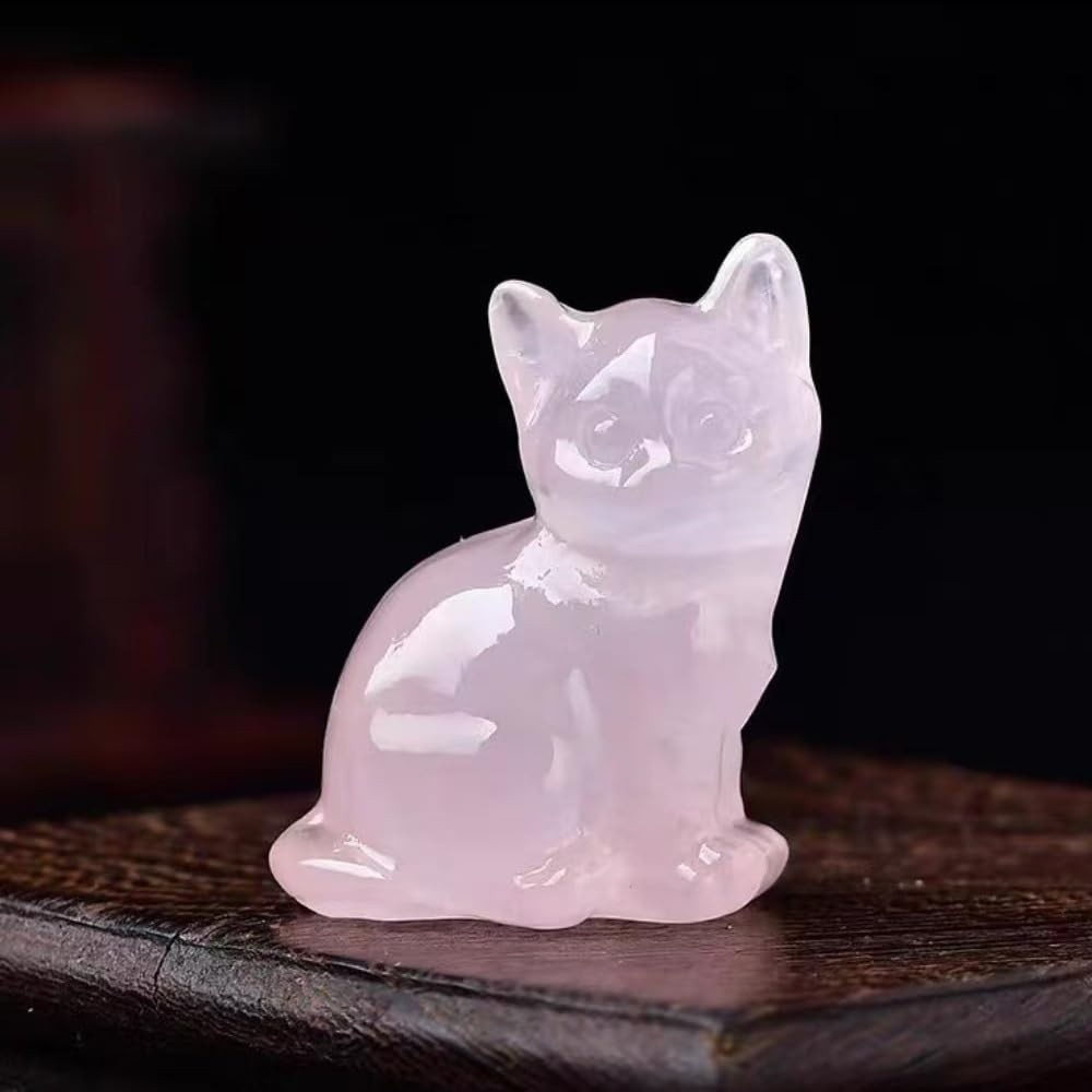 Estátua de Guardião de Gato em Quartzo Rosa - Cristal Esculpido à Mão para Decoração e Colecionáveis