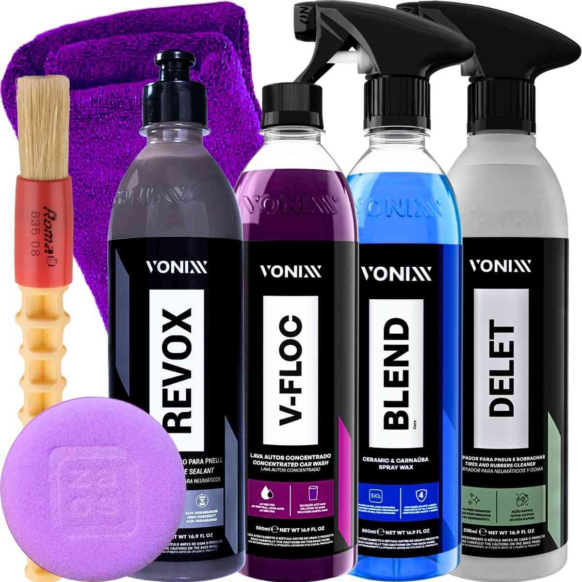 Kit Completo Limpeza Automotiva Externa Vonixx: Delet, V-Floc, Blend e Revox