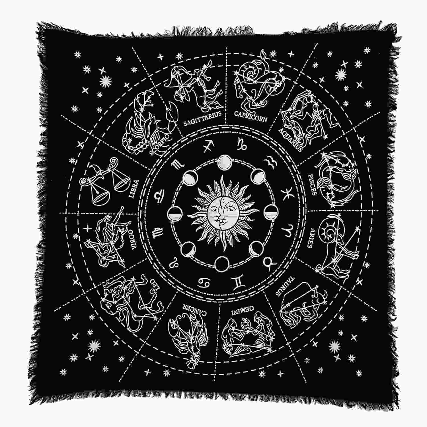Pano de Altar Quadrado para Tarot e Wicca - 45,72cm - Tecido de Algodão com Franjas e Estampa Prateada