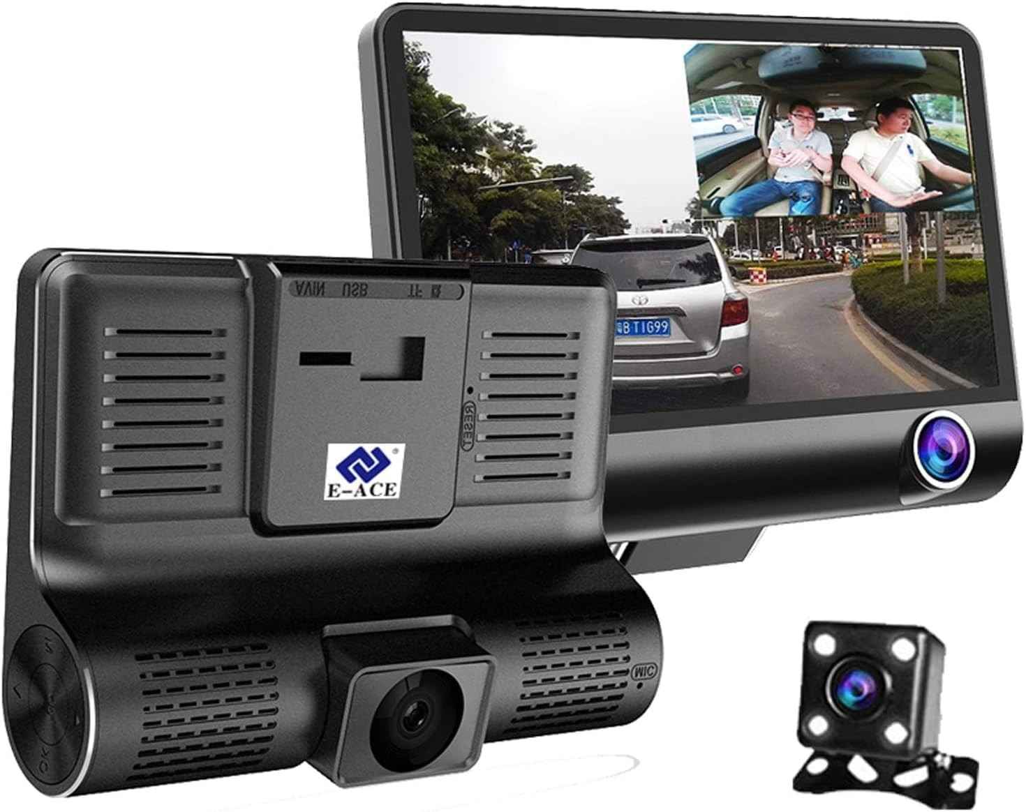 Kit Câmera Veicular E-ACE 3 em 1: Segurança Total com DVR Full HD Frontal, Interna e Traseira