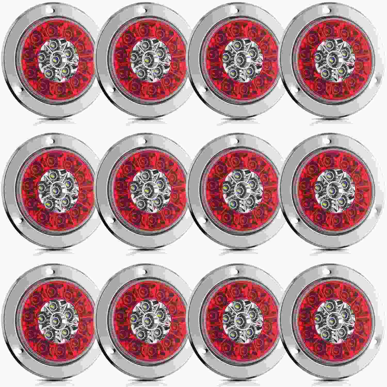 Kit 12 Luzes Traseiras LED Redondas 10cm para Reboque - 16 LEDs, IP67, Freio, Ré e Seta