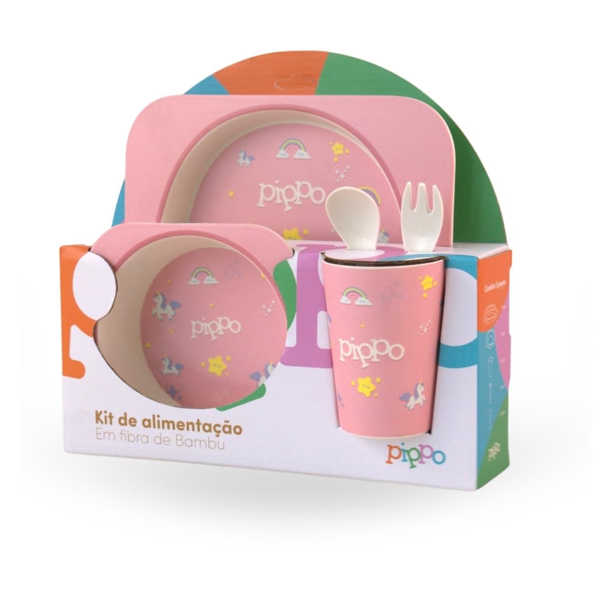 Kit Alimentação Infantil em Fibra de Bambu - 5 Peças Seguras e Sustentáveis | Pippo Unicórnio