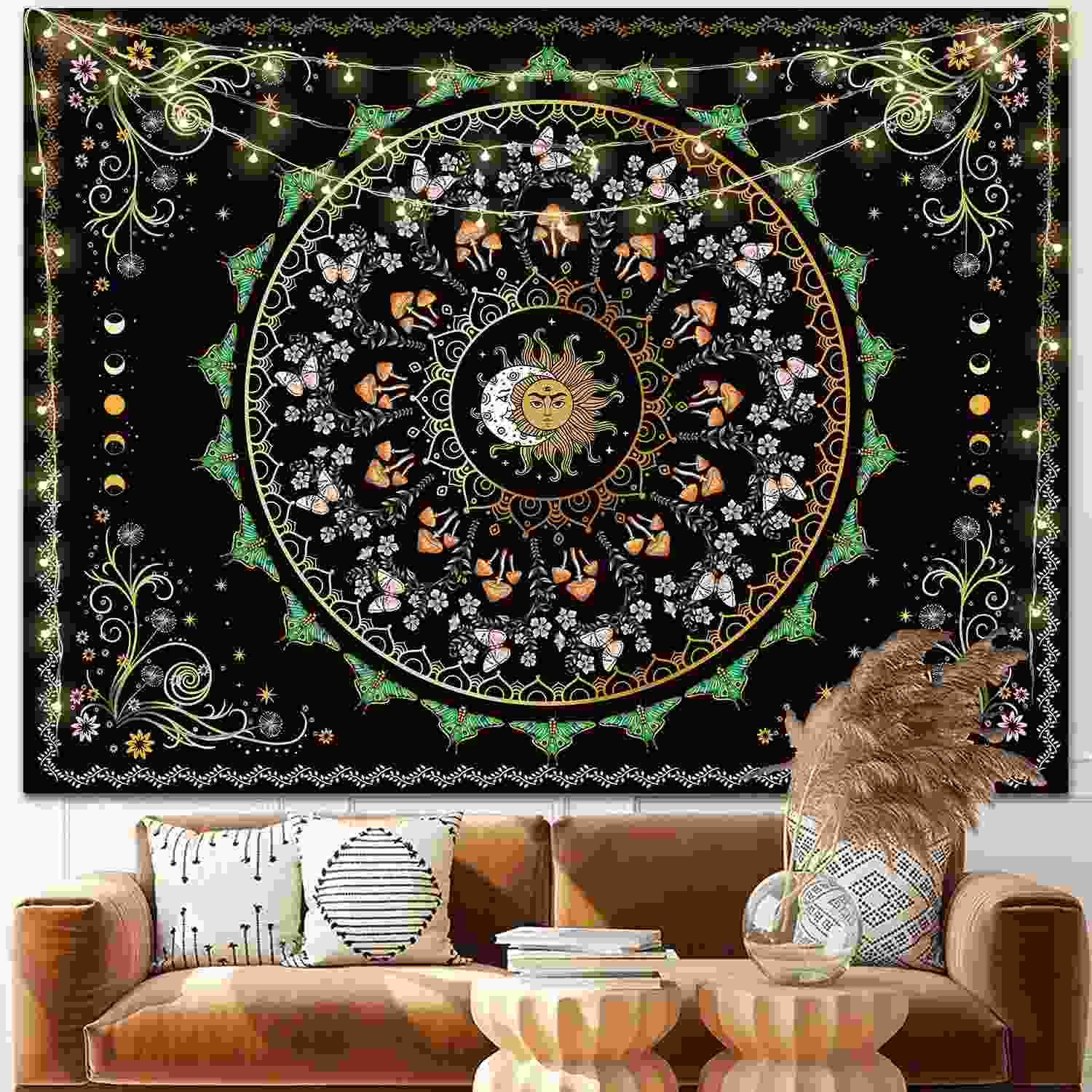 Tapeçaria Boho Sol Lua Fase - Estética Borboleta Verde - Decore com Estilo Natural e Charme