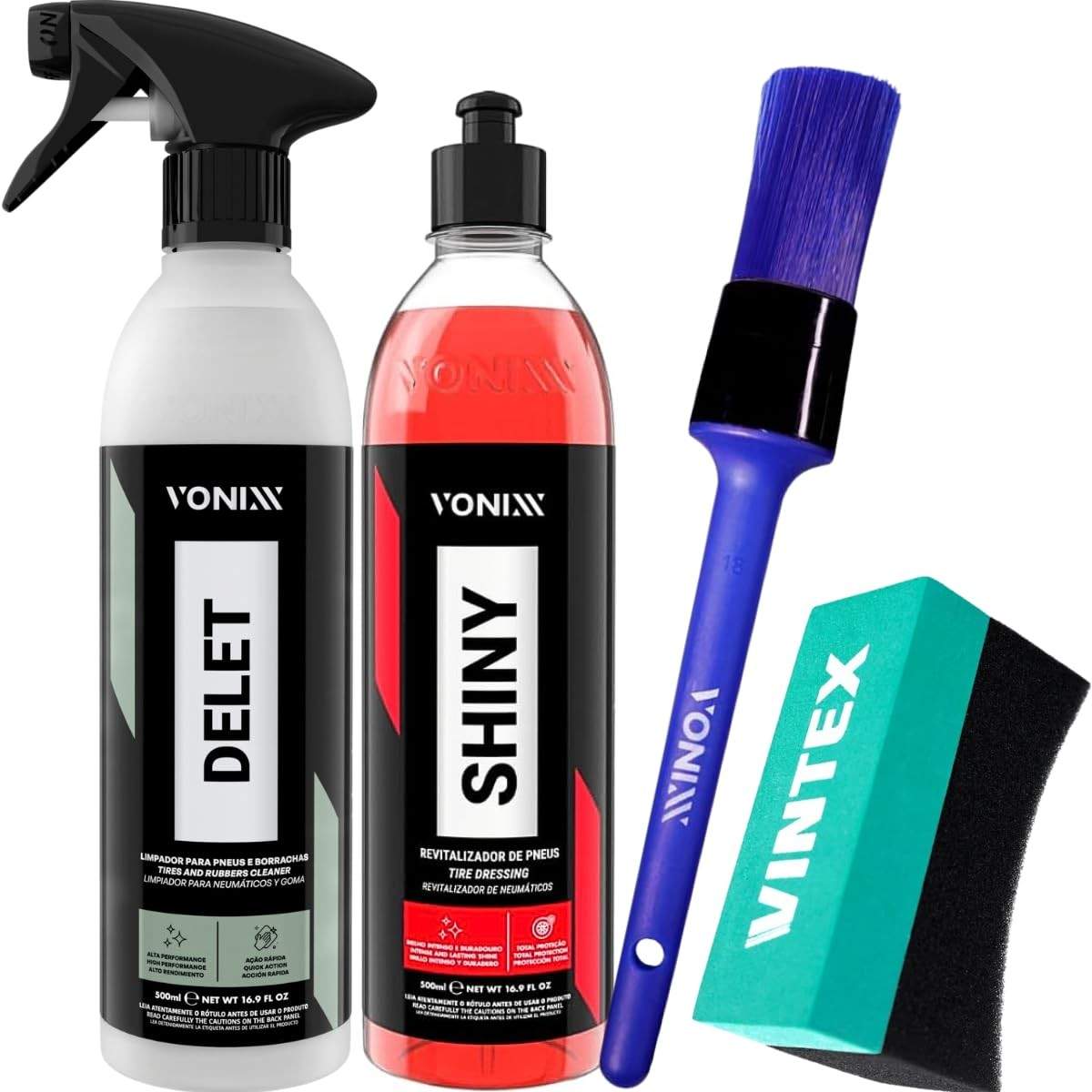 Kit Vonixx: Delet Limpador, Pretinho Shiny e Acessórios para Detalhamento de Pneus