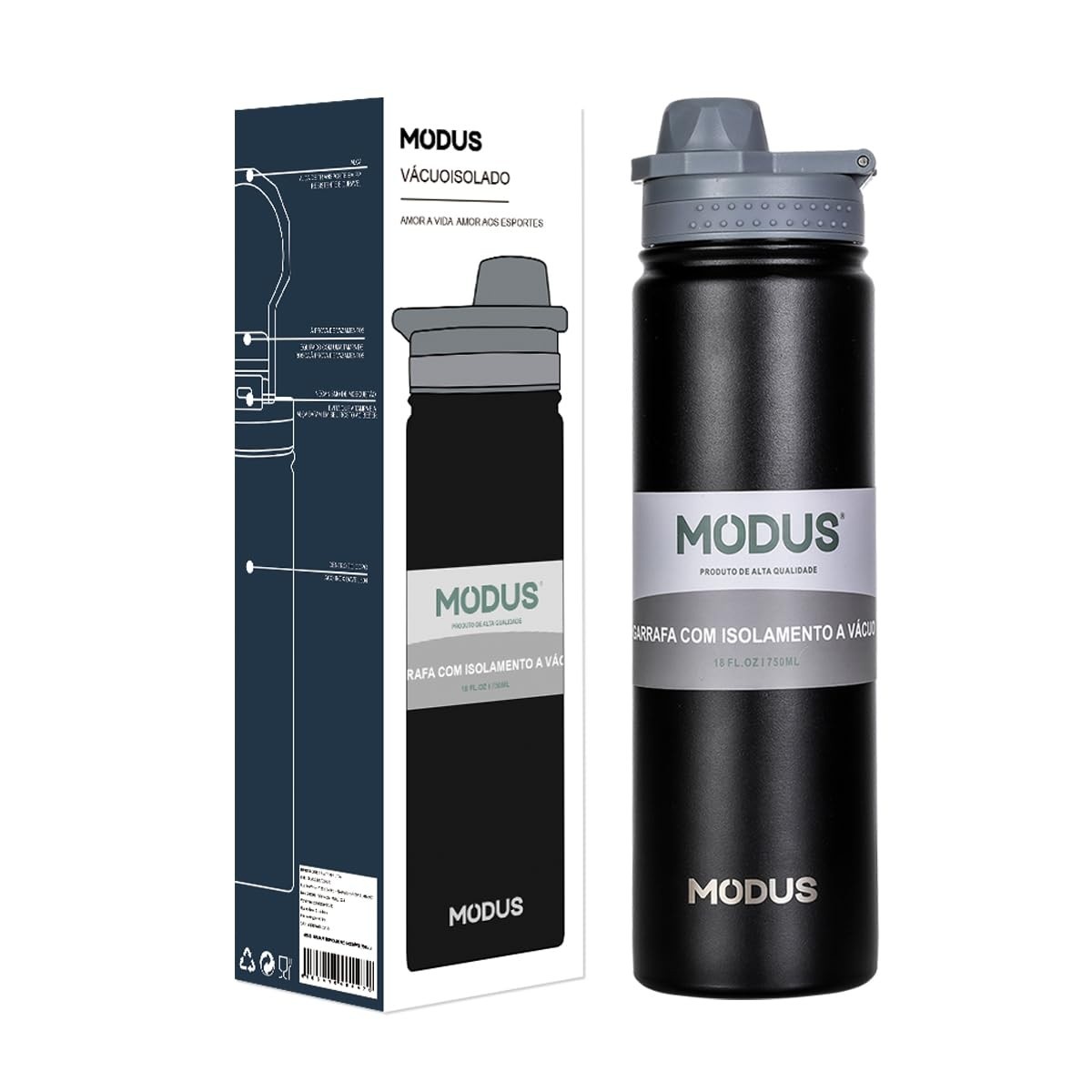 MODUS Garrafa Térmica Inox 750ML - Isolamento a Vácuo, Esportiva e Ecológica (Preto)