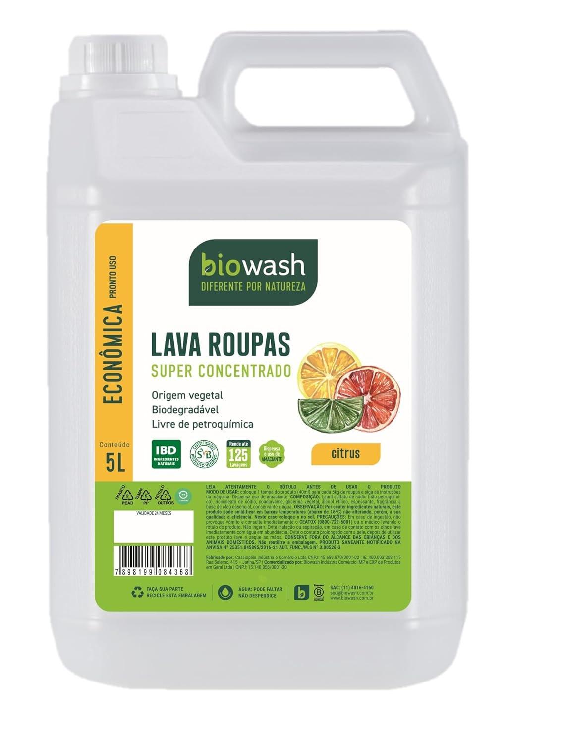 Biowash Lava Roupas Líquido Citrus 5L - Limpeza Poderosa e Ecológica sem Amaciante