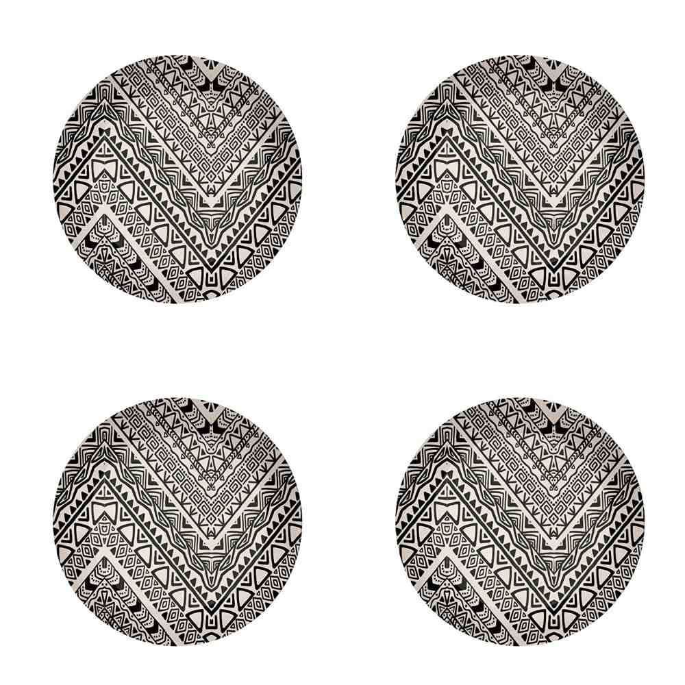 Pratos Rasos em Fibra de Bambu 25cm - Jogo com 4 Peças Ecológicas com Design Étnico Preto e Branco