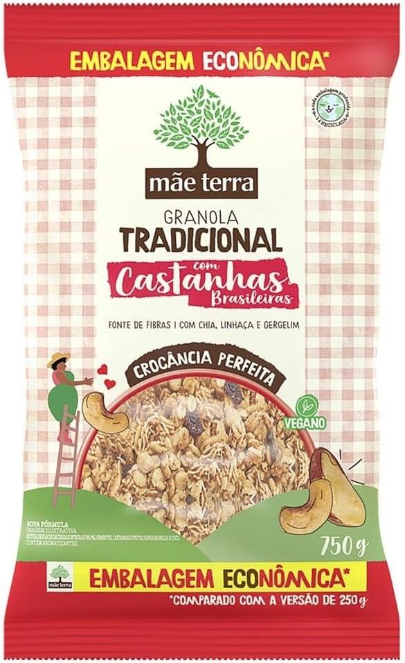 Mãe Terra Granola Tradicional Vegana com Chia, Linhaça e Gergelim, Embalagem Econômica 750g