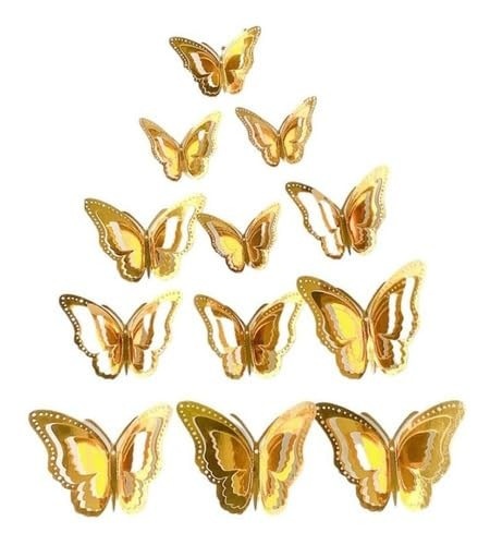 Kit 12 Borboletas Decorativas 3D Metalizadas Douradas - Efeito Camadas para Decoração Elegante