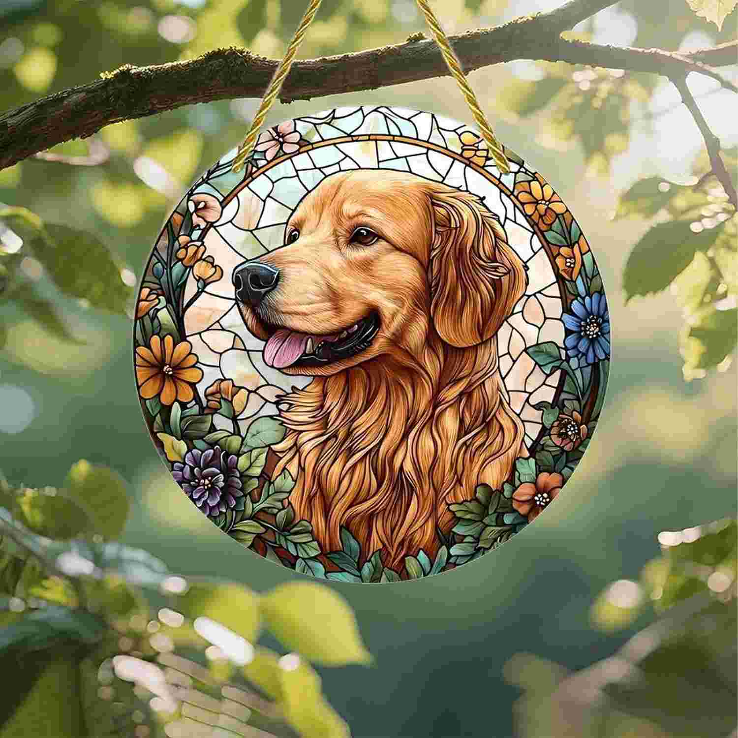 Suncatcher Golden Retriever em Vitral Floral | Decoração de Parede e Janela com Efeitos de Luz Solar