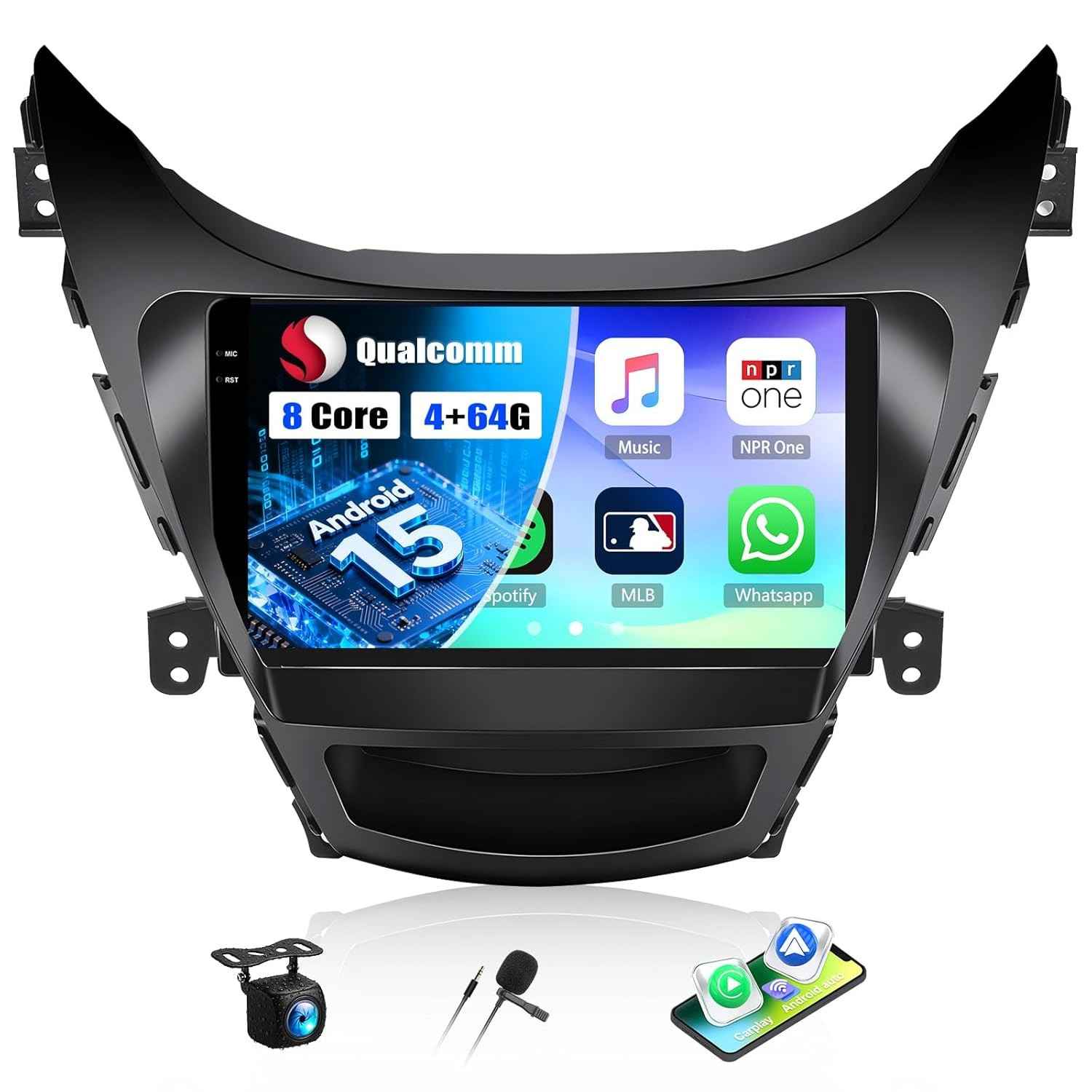 Central Multimídia Android 15 Qualcomm 8 Núcleos para Hyundai Elantra 2011-2013: Carplay Sem Fio, Android Auto, Tela IPS 9" e DSP Bluetooth 5.1