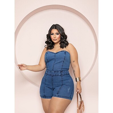 Macacão Jeans Plus Size Curto com Elastano