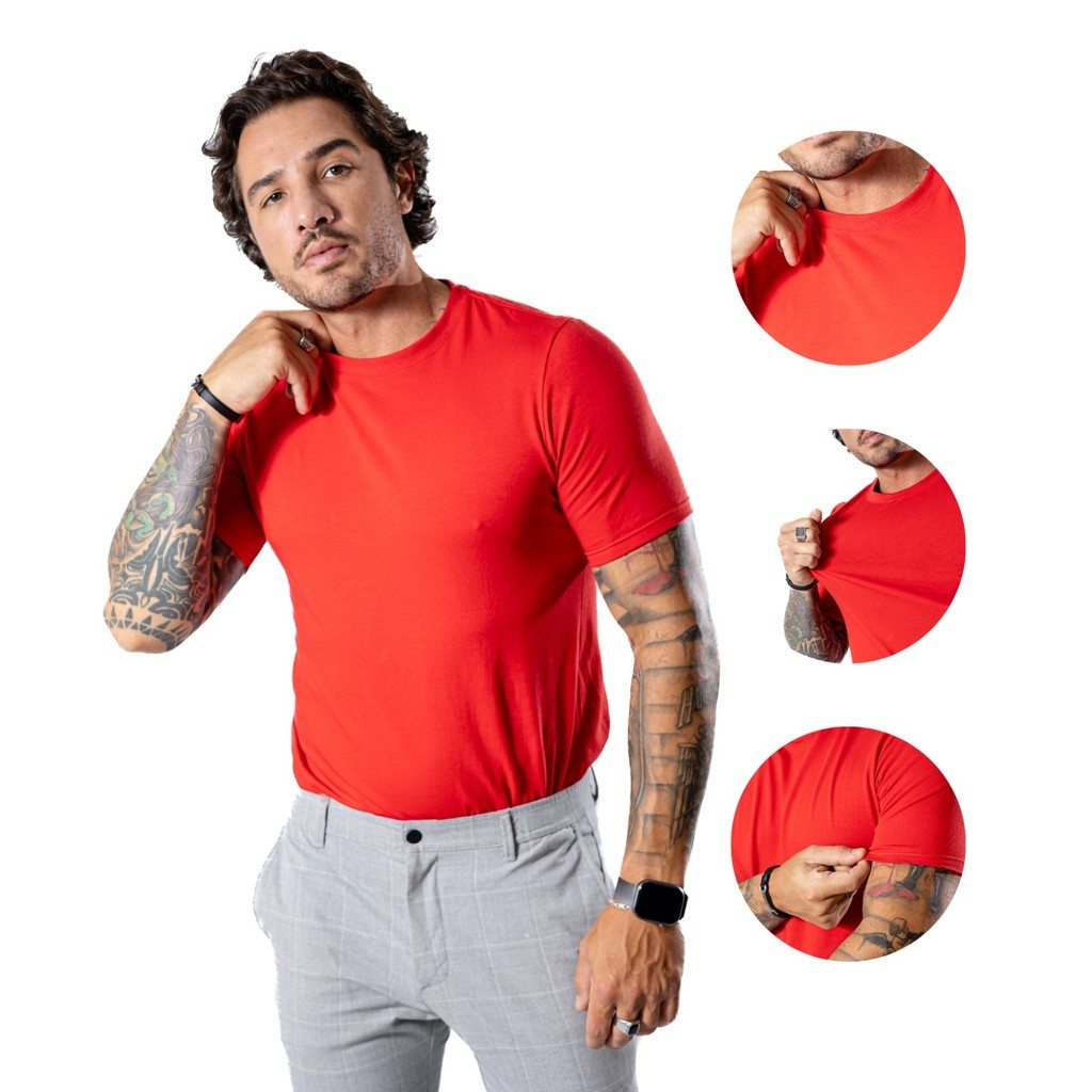 Kit 3 Camisetas Básicas Masculinas de Algodão Peruano com Elastano