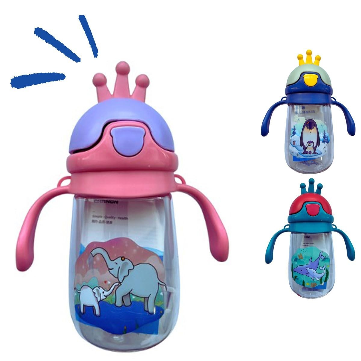 Garrafa com Alça Infantil 350ml Elefante - Canudo com Botão e Cordão para Pendurar