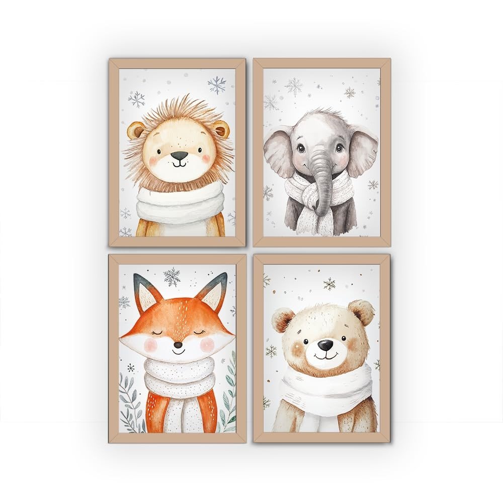 Kit 4 Quadros Quarto de Bebê Animais - Leão, Urso, Elefante e Raposa em Madeira Premium