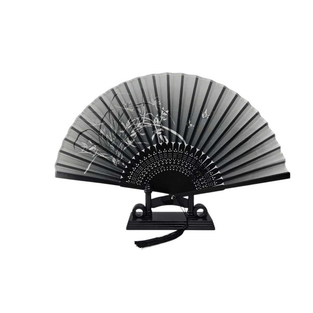 Leque de Madeira com Estampa Elegante - Ventilador de Mão Chique e Sustentável (Borboleta Cinza)